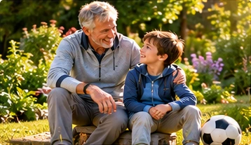 Grandfather and grandson sitting together in a garden